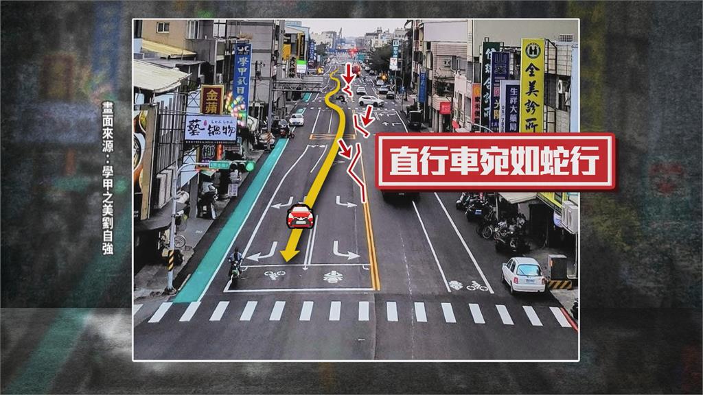超奇葩！台南學甲新劃標線「怪」　雙黃線變「三角形」直行車被迫蛇行開