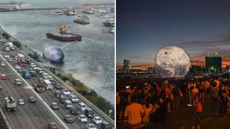 狂風吹落「巨型月球」海上漂超傻眼　海底撈月！香港觀塘海濱尷尬上演