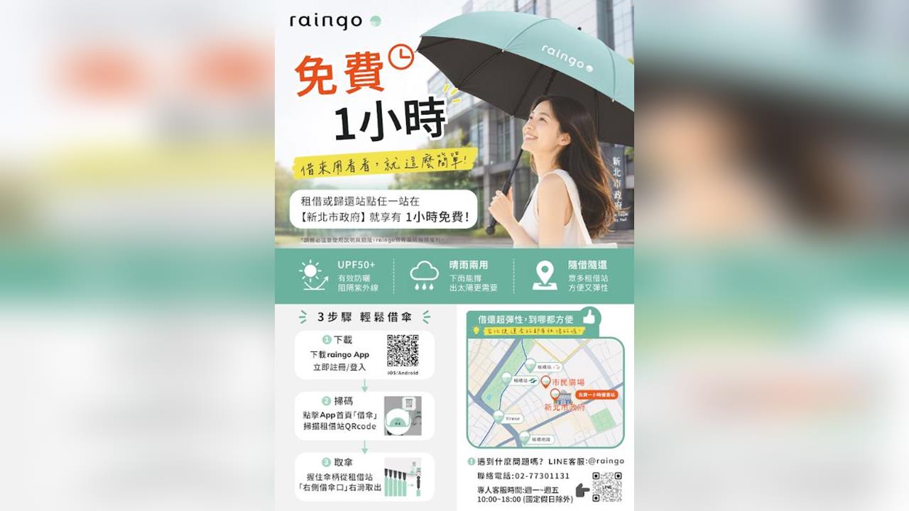 共享傘進駐新北市政府！青年局、秘書處攜手raingo推便民服務 試辦首小時免費