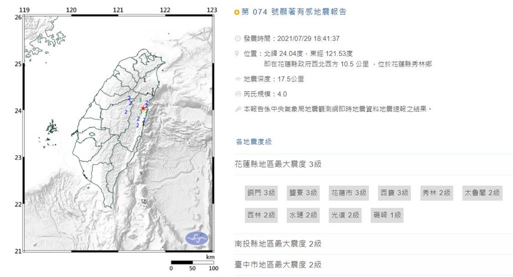 快新聞／18：41花蓮規模4.0地震　最大震度3級