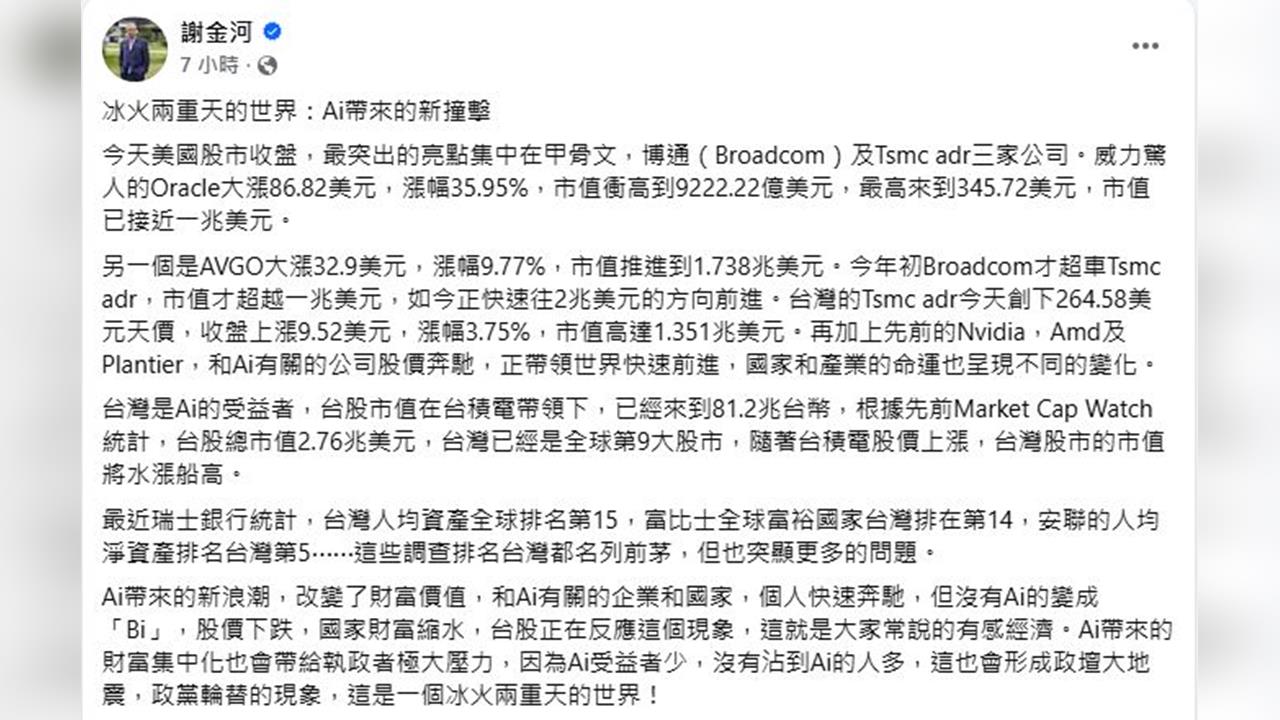 甲骨文暴漲近4成！謝金河：AI帶來冰火兩重天的世界。
