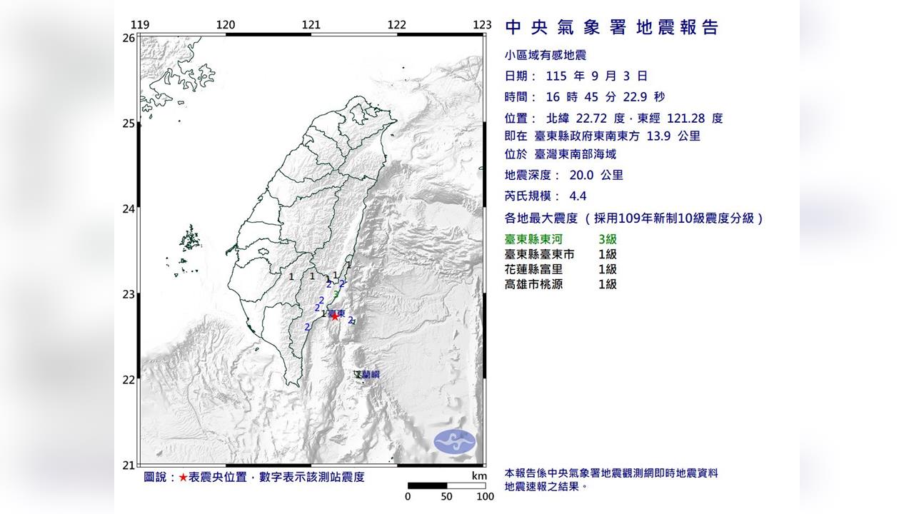 16:45地牛翻身！東南部海域規模4.4地震　最大震度3級