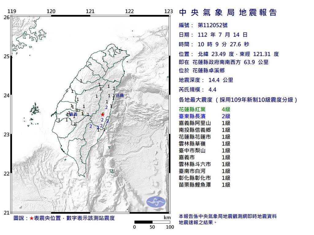 快新聞/10:09花蓮卓溪規模4.4地震 最大震度4級