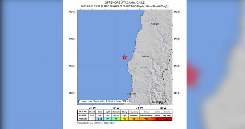 智利外海發生規模6.3地震！震源深度10公里　震央靠近瓦耶納爾