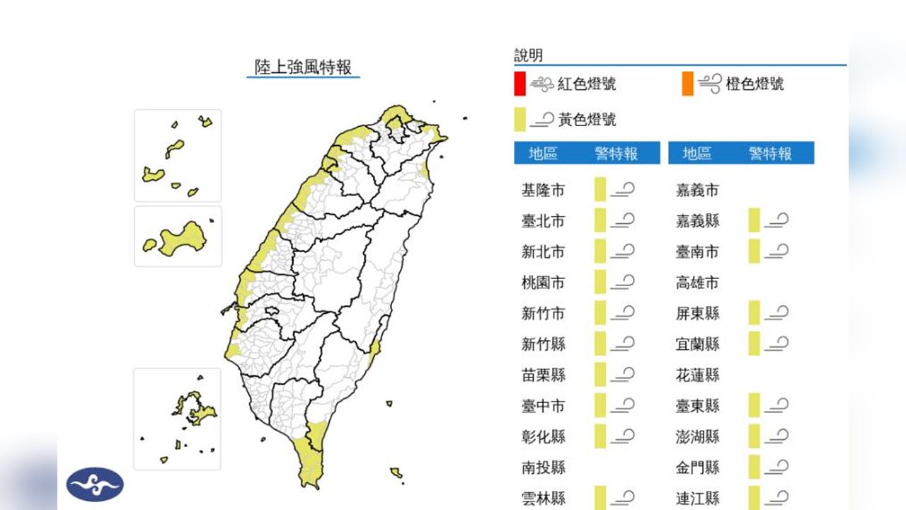 快新聞/東北風太強!18縣市陸上強風特報 慎防8級陣風