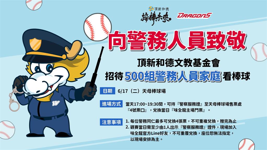 快新聞／味全龍向警務人員致敬　邀500警察攜眷免費進場看球賽