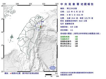 今晨04:05宜蘭近海規模4.1極淺層地震　最大震度4級