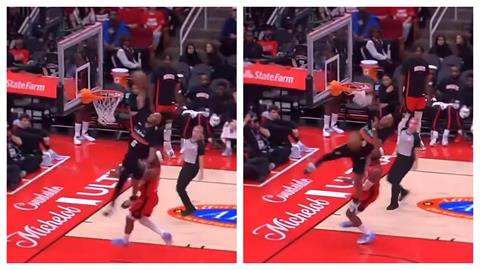 NBA(影)／馬刺卡斯特熱身「拉壞籃框」沒再怕！比賽上演「拉桿爆扣」再度重捶籃框