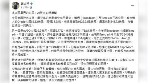 甲骨文暴漲近4成！謝金河：AI帶來冰火兩重天的世界。