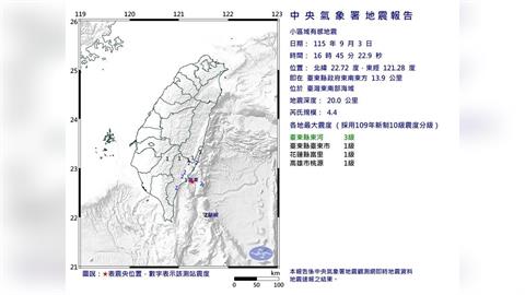 快新聞／16:45地牛翻身！東南部海域規模4.4地震　最大震度3級