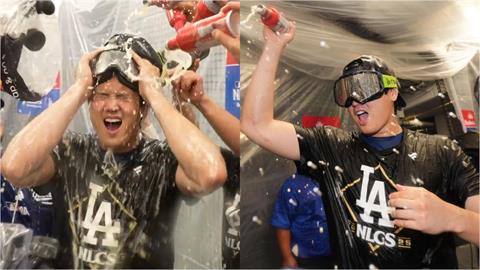 MLB(影)／晉級香檳浴遭圍攻！大谷翔平濕身嗨喊「牙敗」　休息室狂歡畫面曝光