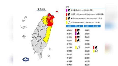 快新聞／紅到發紫！台北「超大豪雨」特報　7縣市慎防強降雨、強陣風