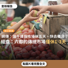 事實查核／【部分錯誤】網傳「端午節連假市場休市5天，從下星期一到星期五，請大家提早買菜備貨」？