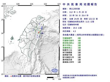 10:56花蓮秀林規模4.3地震　最大震度4級