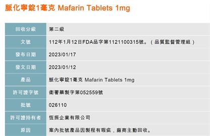 快新聞／抗凝血劑「脈化寧錠1毫克」爆瑕疵絞碎重製　9.4萬顆緊急回收