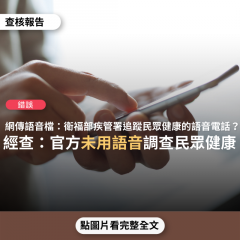 事實查核／【錯誤】網傳語音檔稱「衛福部疾管署用語音電話追蹤國人健康，進行健康登記，諮詢詳情請按0」？