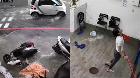 豪雨灌爆台中!老闆娘掃一半「水花狂沖進理髮店」無奈1舉動全被拍