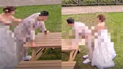 新人穿婚紗朝聖「擎天崗野戰桌」！神還原「肉搏名場面」笑翻網：一定百年好合