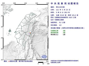 快新聞／09:08花蓮又震規模4.0　地震深度9.2公里