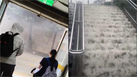 共伴雨炸文大掀11級風「猛如颱風天」　淡江克難坡變瀑布「飛流直下132階」！