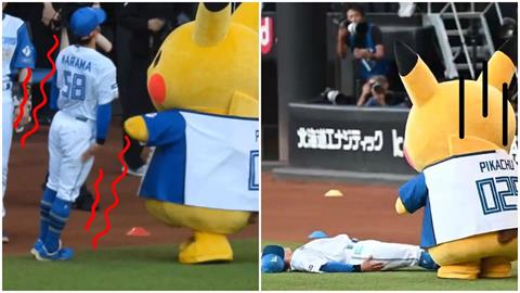 日職(影)／皮卡丘「十萬伏特」命中！火腿內野手全身抽動倒地　球場秒變寶可夢對戰