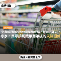 事實查核／【部分錯誤】網傳訊息「北農18名新冠確診，四樓營業部重災區，每天包20-30萬包蔬菜給全聯...暫時不要去全聯」？