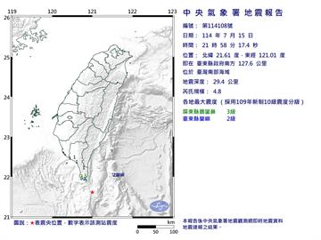 快新聞／2縣市有感！21:58台東南方海域規模4.8地震　最大震度3級