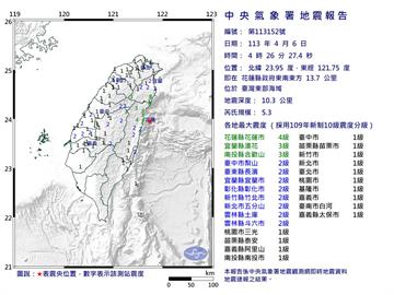 快新聞／04:26東部海域規模5.3極淺層地震　最大震度4級