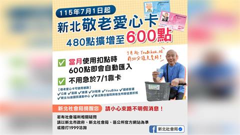 新北敬老愛心卡7/1起擴增至600點 當月使用扣點時點數即會自動匯入
