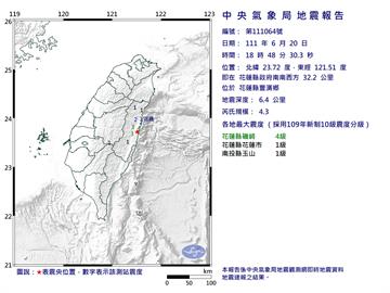 快新聞／花蓮震不停！ 18:48規模4.3地震　上午至今已14震