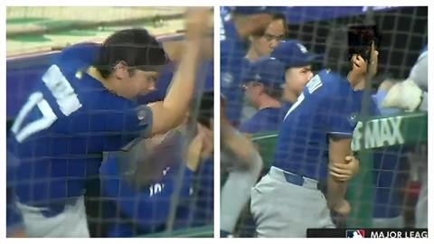 MLB(影)／道奇巨星大谷翔平受傷了？「遭釘鞋劃過手臂」表情相當痛苦