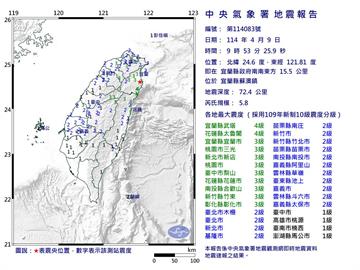 快新聞／國家警報狂響！9:53規模5.8地震　最大震度4級
