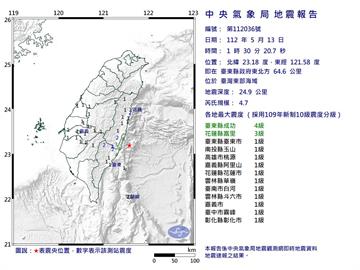 快新聞／01:30東部海域規模4.7地震　最大震度台東縣4級