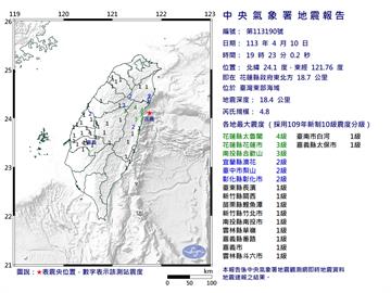 震不完！東部海域19:23規模4.8地震　12縣市有感