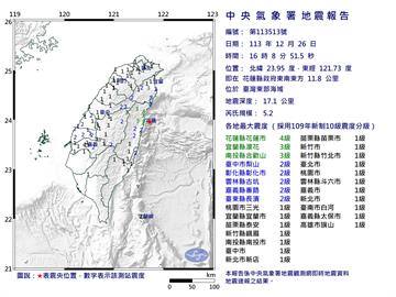 快新聞／16:08東部海域規模5.2地震　最大震度花蓮4級