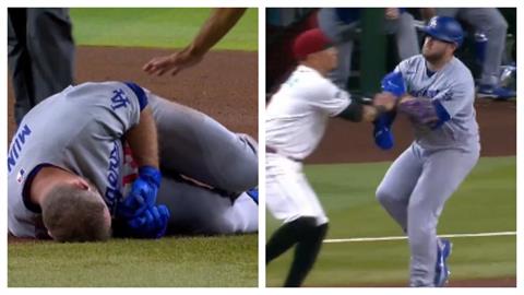 MLB(影)／道奇228轟重砲倒地！全速跑壘與一壘手發生「嚴重正面衝撞」雙雙傷退
