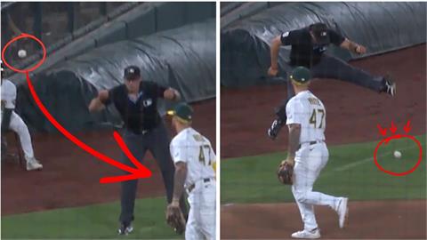 MLB(影)／逃過「蛋蛋的哀傷」！界外球直衝三壘審　馬力歐跳「垂直起飛」神反應