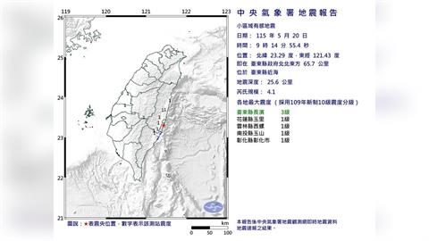快新聞／3分鐘震2次！09:14台東近海規模4.1極淺層地震　最大震度3級