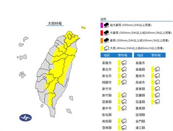 快新聞／雨彈來襲！15縣市大雨特報　「這些地區」慎防大雷雨、山區暴雨