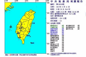 有地震！位於台東近海規模5.0