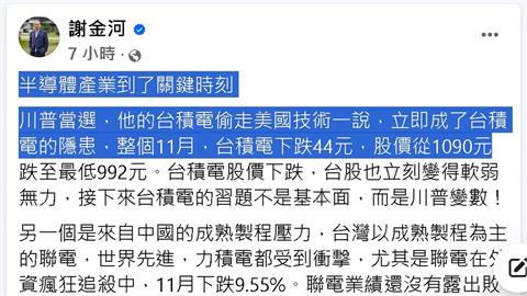 台積電跌破千元！　謝金河示警半導體產業「三大不利因素」