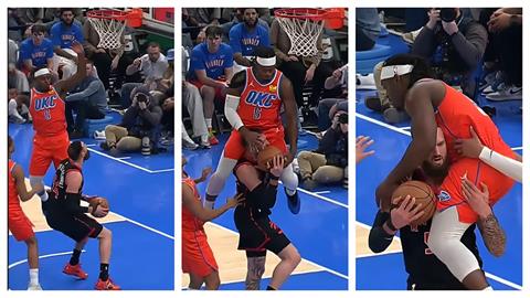 NBA(影)/快放我下來!超尷尬「男上加男」大場面直接騎上中鋒球評狂笑