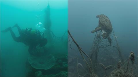 看了好痛！他潛水發現「320公斤廢棄漁網」沉海底　海龜遭纏困住喪命