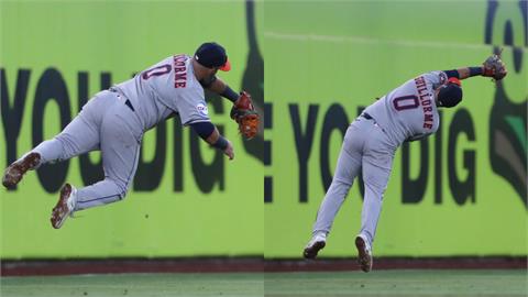 MLB(影)／這球太神！身體「不自然扭曲」海豚飛撲　太空人三壘手上演超美技接殺