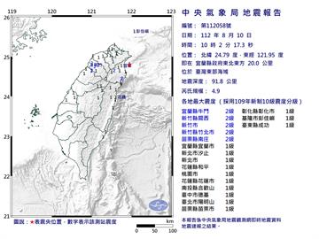 快新聞／東部海域10:02規模4.9地震　最大震度2級