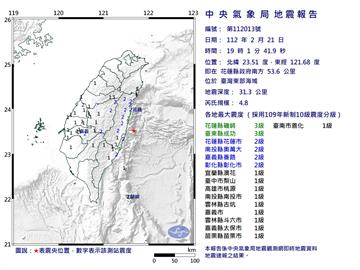 快新聞／19時01分規模4.8地震　最大震度花蓮磯崎、台東成功3級