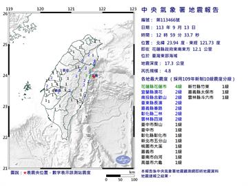 快新聞／中午地牛翻身！12:59花蓮外海規模4.8地震　最大震度4級