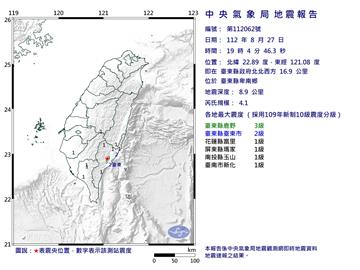 快新聞／19時04分規模4.1地震　最大震度台東3級