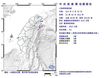 快新聞／東部海域連2震！21:52規模4.1地震　最大震度2級