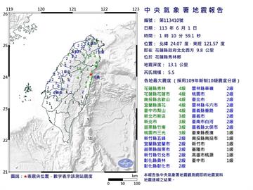 地震全台有感   震央花蓮規模5.5